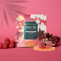 Hometown Hero Pomegranate Raspberry Delta-9 Hemp Edibles, 200mg Live Rosin Gummies with vibrant fruit flavors and colorful packaging.