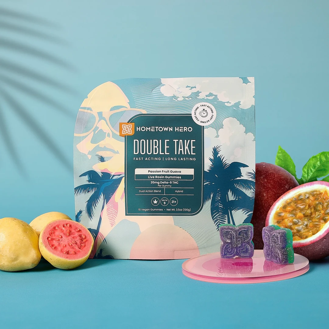 Hometown Hero Passion Fruit Guava Delta-9 Live Rosin Gummies, hemp edibles with vibrant fruit flavors and colorful gummy shapes.
