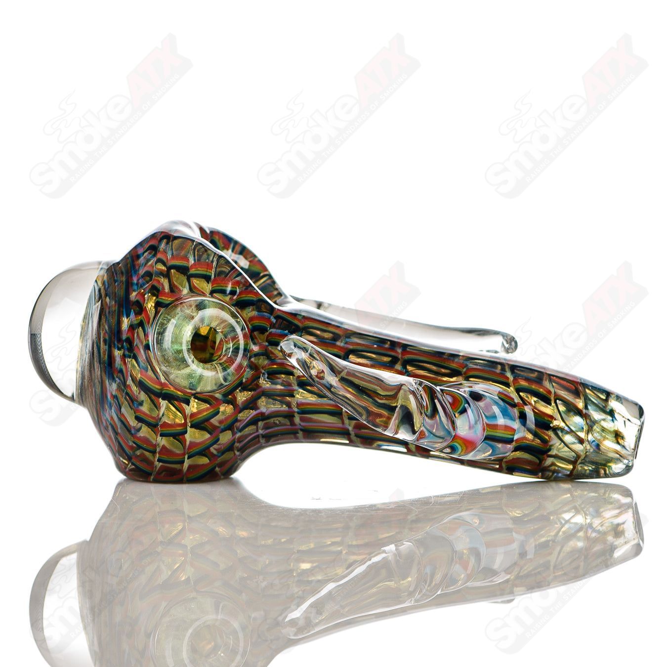 Color Ribbon Coil - Wrap Spoon w Clear Horns + Spiral Mib Signed - JMK Glass - Smoke ATX