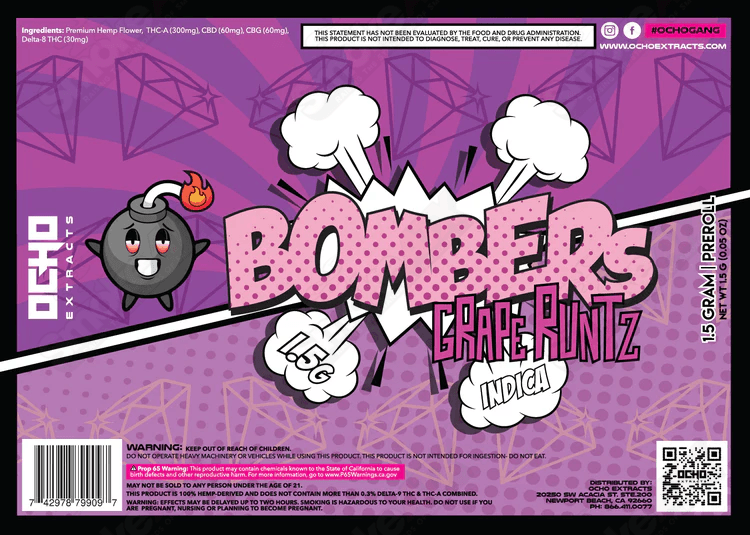 1.5g Grape Runtz THCa Ocho Bomber Preroll - Smoke ATX