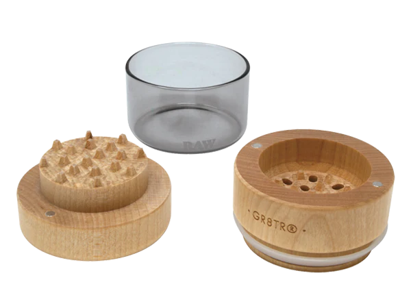 Black Glass 3pc Wood and Glass Storage Grinder RAW Natural Wood Grinder 65mm Fine Grind