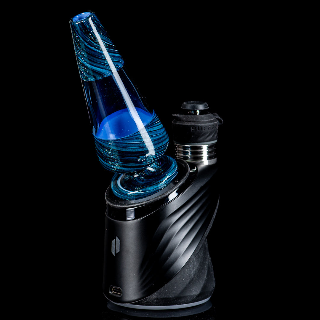 Blue Puffco Peak Dry Top glass attachment by American Helix X Indo, featuring a sleek blue design and intricate glasswork.