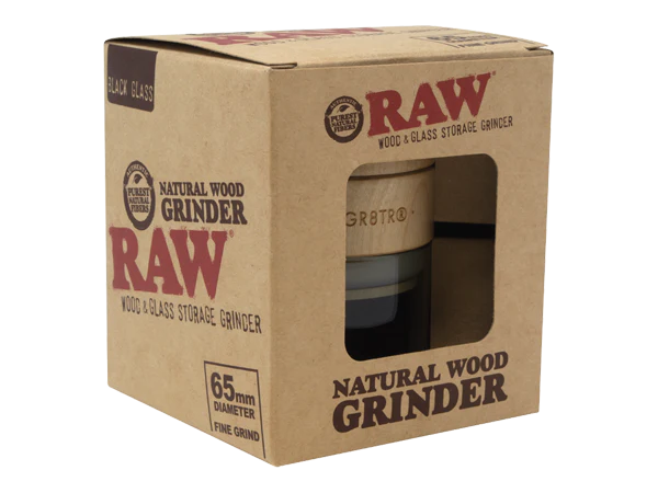 Black Glass 3pc Wood and Glass Storage Grinder RAW Natural Wood Grinder 65mm Fine Grind