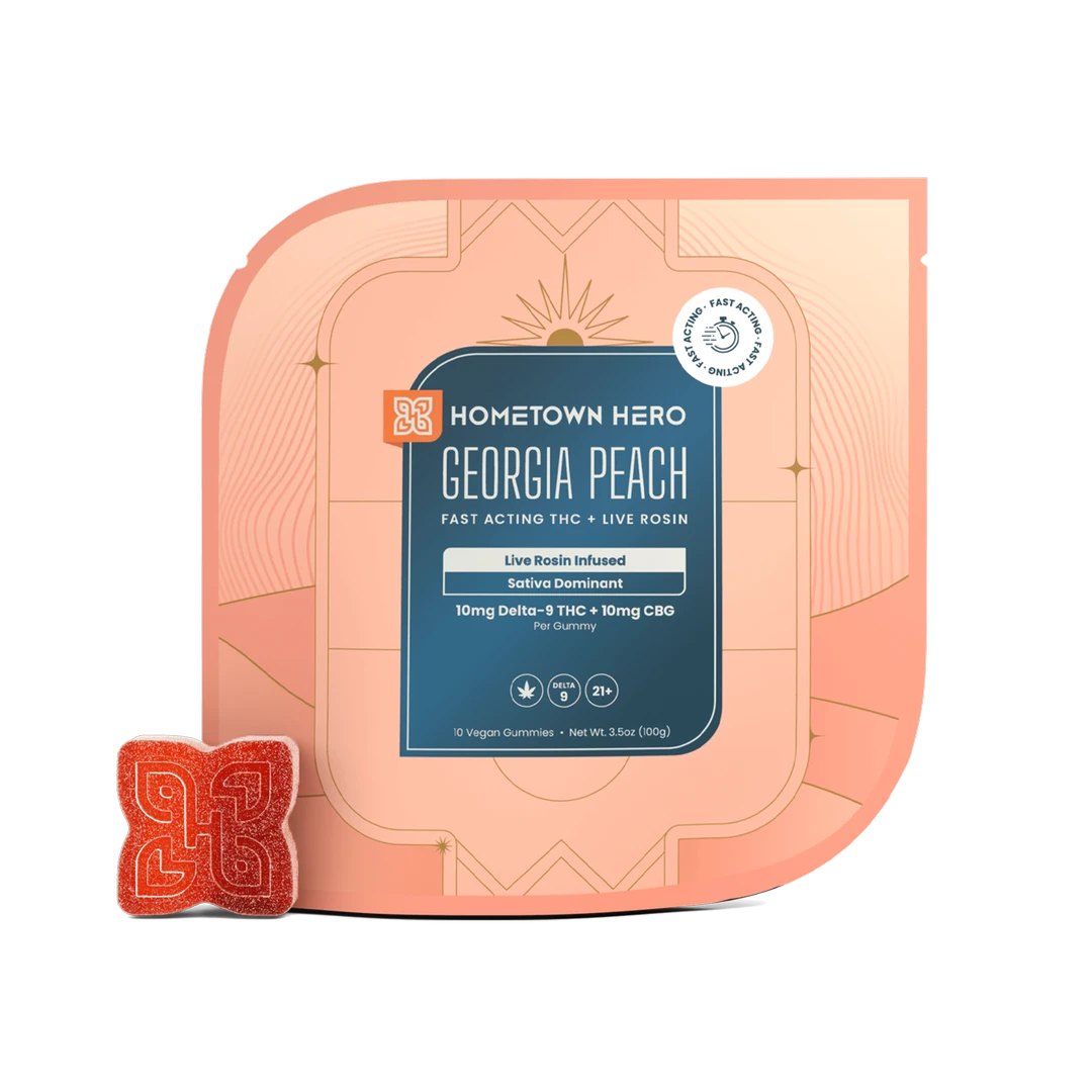Hometown Hero Georgia Peach hemp edibles with 200mg live rosin, infused D9+CBD gummies, showing peach-flavored gummies on a white background.