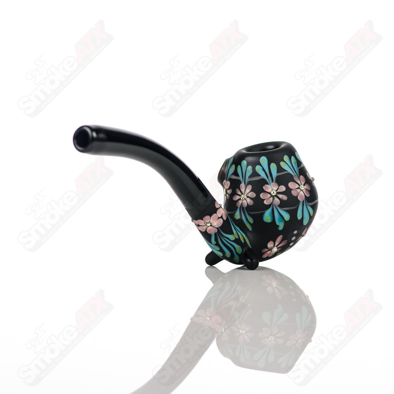 Sand-blasted Black Sherlock W/ Purple Flowers by Sarita Glass - Smoke ATX