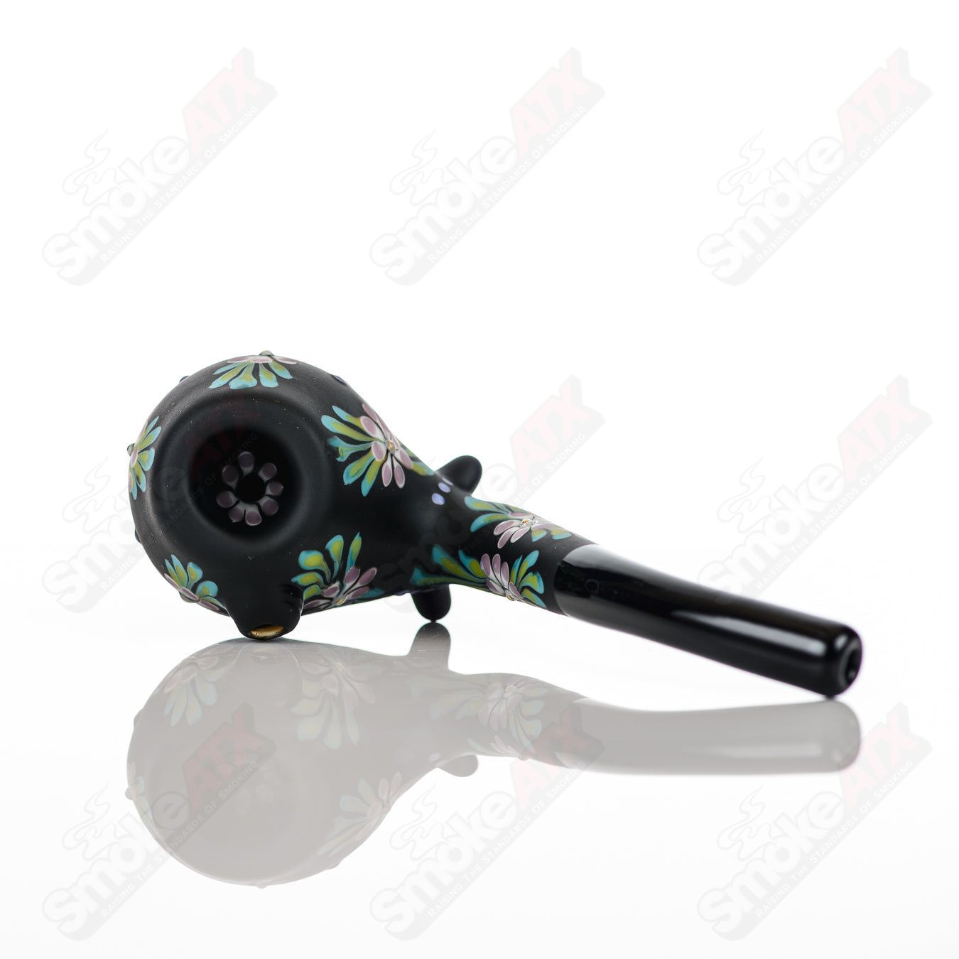 Sandb-lasted Black Sherlock W/ Purple Flowers by Sarita Glass - Smoke ATX