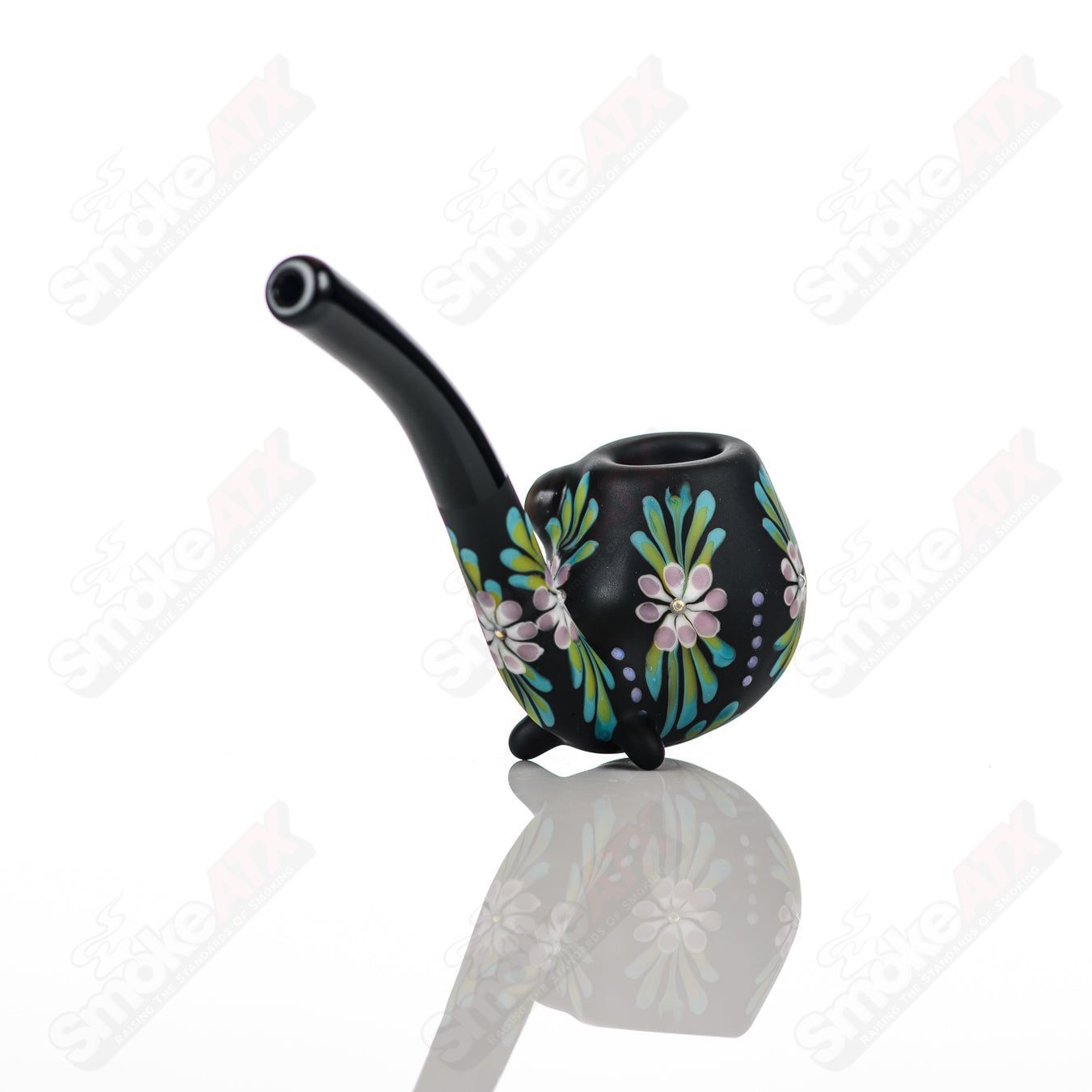 Sandb-lasted Black Sherlock W/ Purple Flowers by Sarita Glass - Smoke ATX