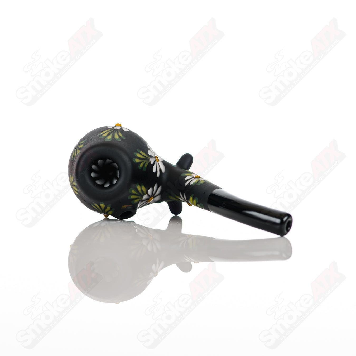 Sand-blasted Black Sherlock W/ White Flowers by Sarita Glass - Smoke ATX