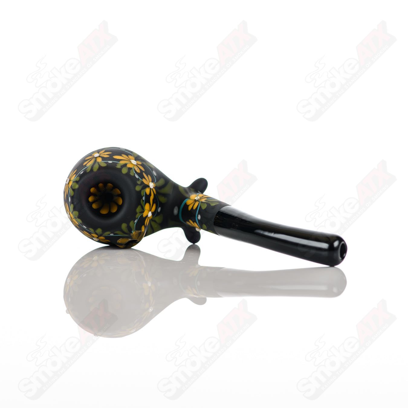 Sand-blasted Black Sherlock W/ Yellow Flowers by Sarita Glass - Smoke ATX