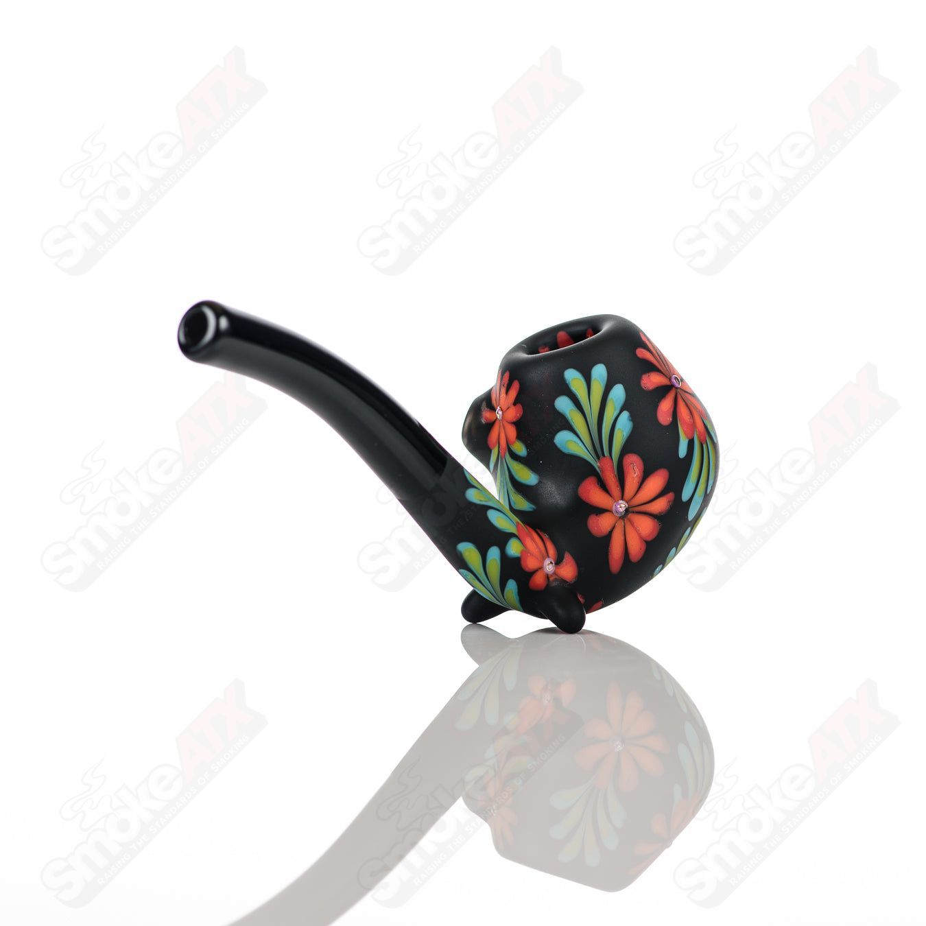 Sand-blasted Black Sherlock W/ Red Flowers by Sarita Glass - Smoke ATX