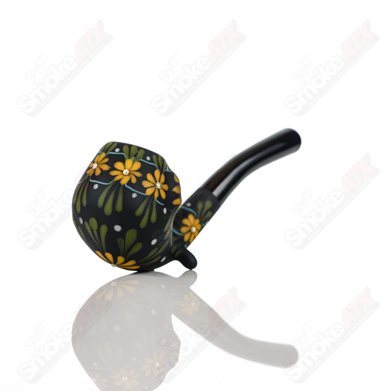 Sand-blasted Black Sherlock W/ Yellow Flowers by Sarita Glass - Smoke ATX