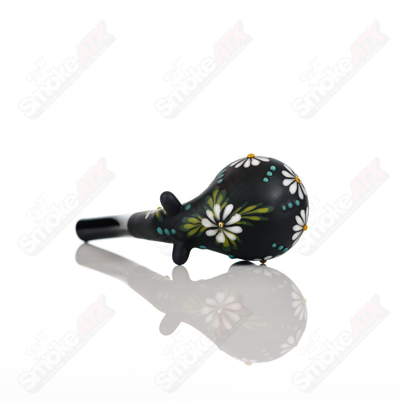 Sand-blasted Black Sherlock W/ White Flowers by Sarita Glass - Smoke ATX