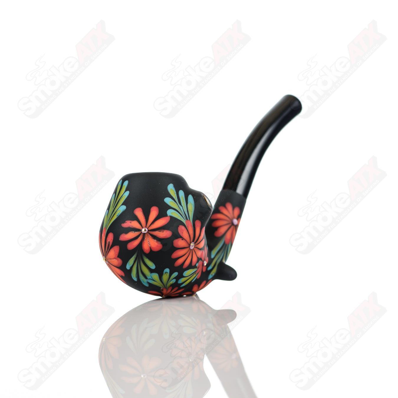 Sand-blasted Black Sherlock W/ Red Flowers by Sarita Glass - Smoke ATX