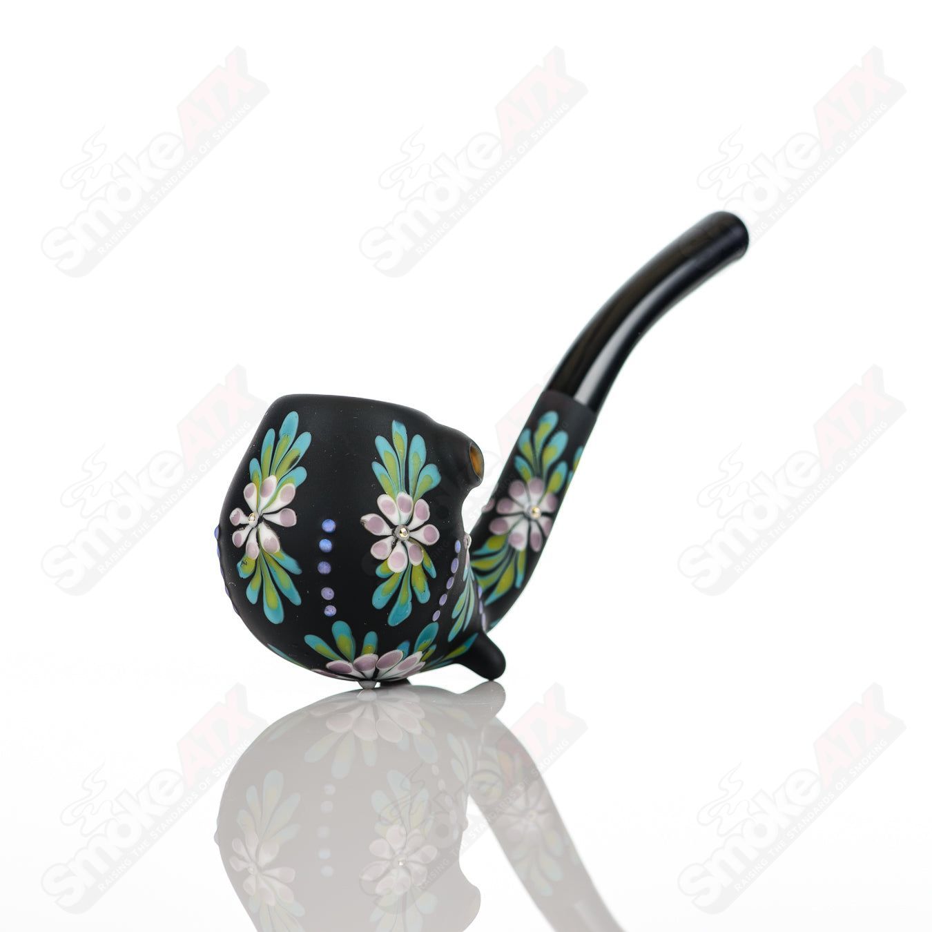 Sandb-lasted Black Sherlock W/ Purple Flowers by Sarita Glass - Smoke ATX