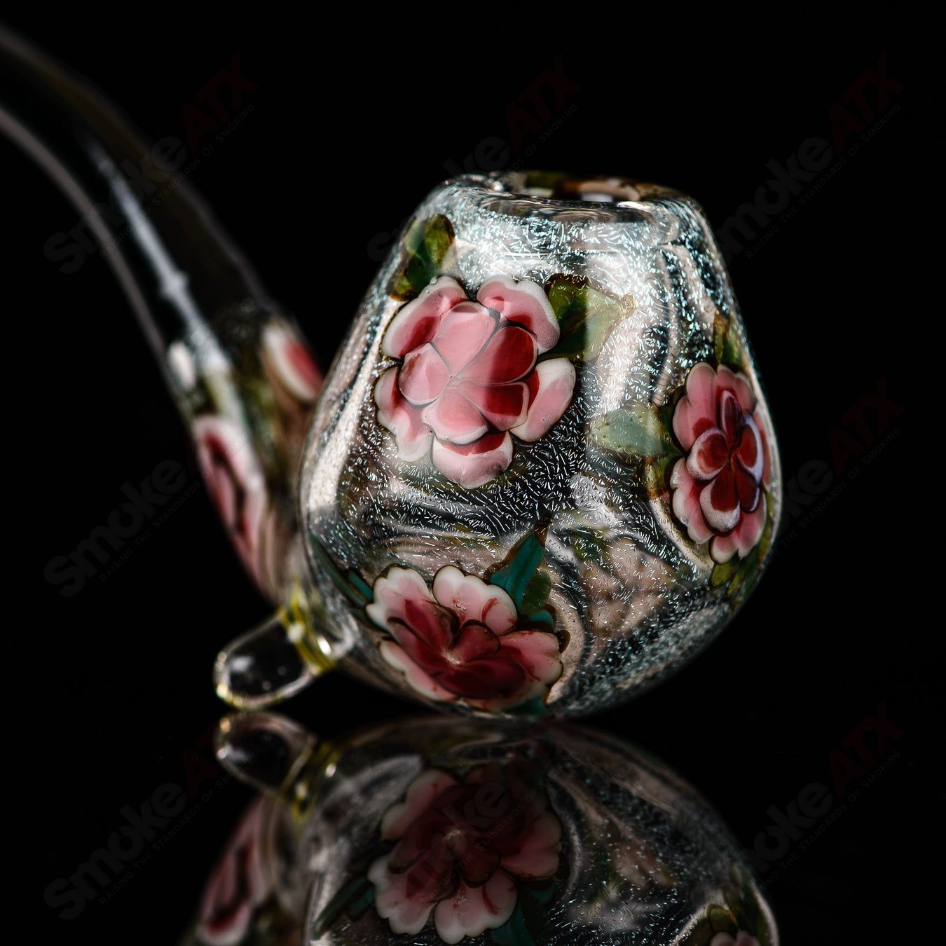 Clear Dichro Glass Sherlock W/ Pink Flowers by Sarita Glass - Smoke ATX