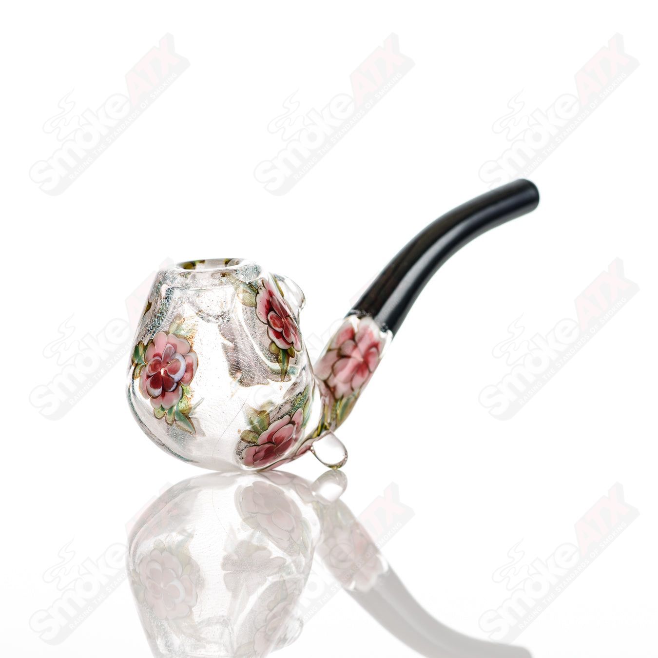 Clear Dichro Glass Sherlock W/ Pink Flowers by Sarita Glass - Smoke ATX