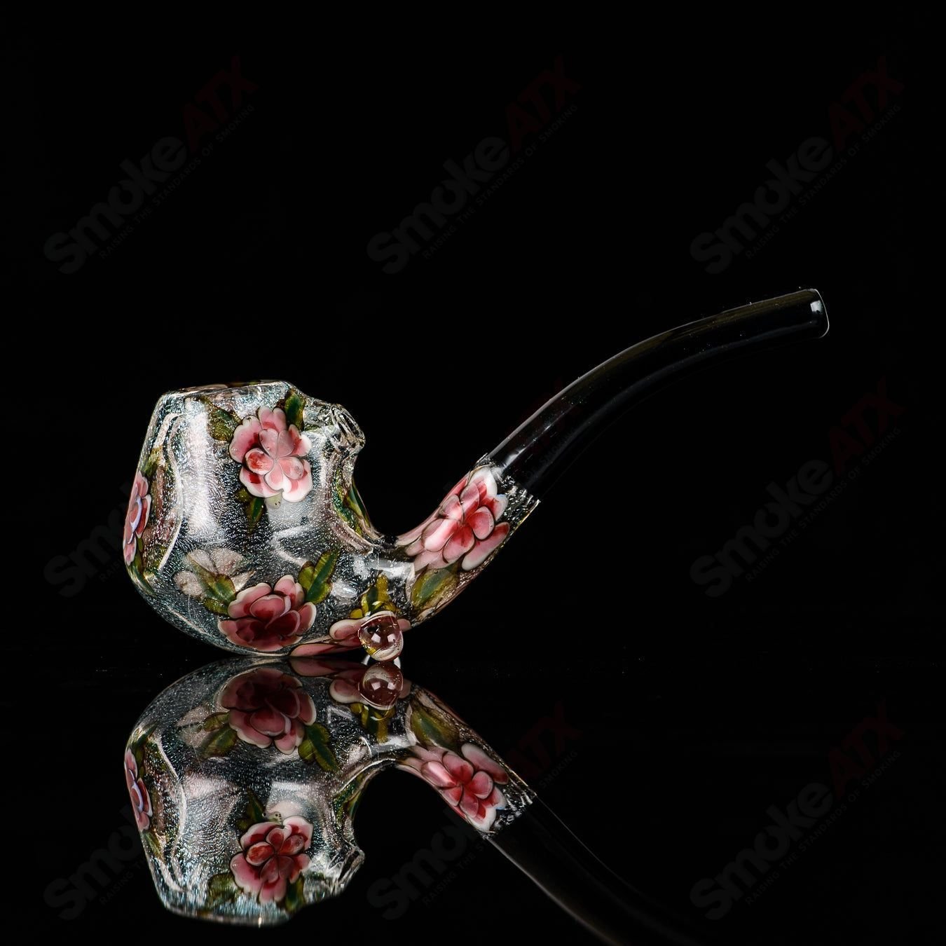 Clear Dichro Glass Sherlock W/ Pink Flowers by Sarita Glass - Smoke ATX
