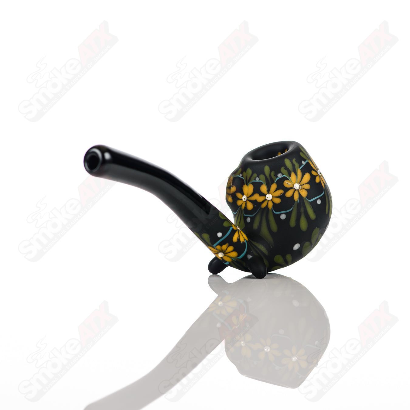 Sand-blasted Black Sherlock W/ Yellow Flowers by Sarita Glass - Smoke ATX