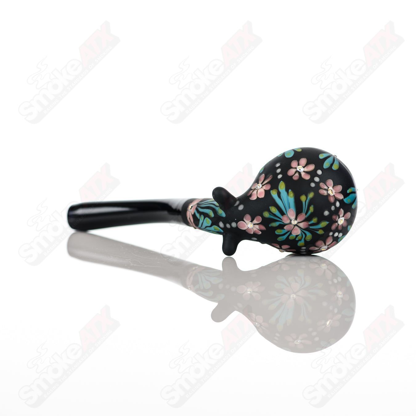 Sand-blasted Black Sherlock W/ Purple Flowers by Sarita Glass - Smoke ATX