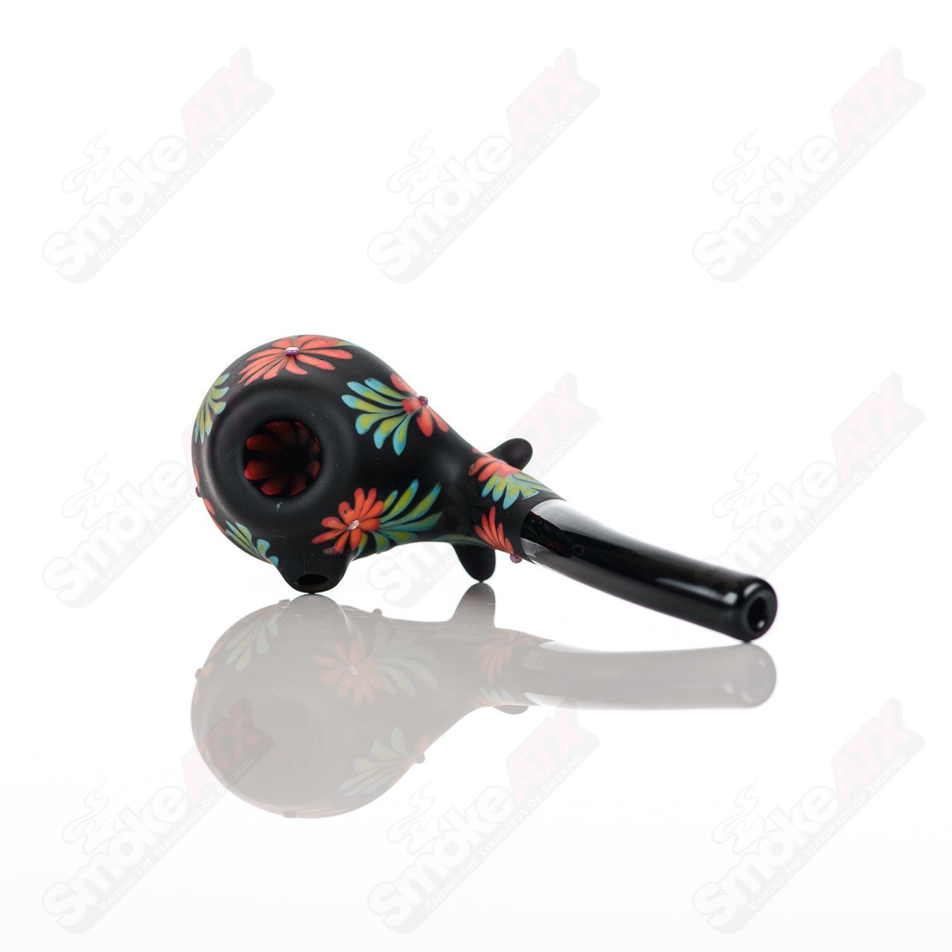 Sand-blasted Black Sherlock W/ Red Flowers by Sarita Glass - Smoke ATX