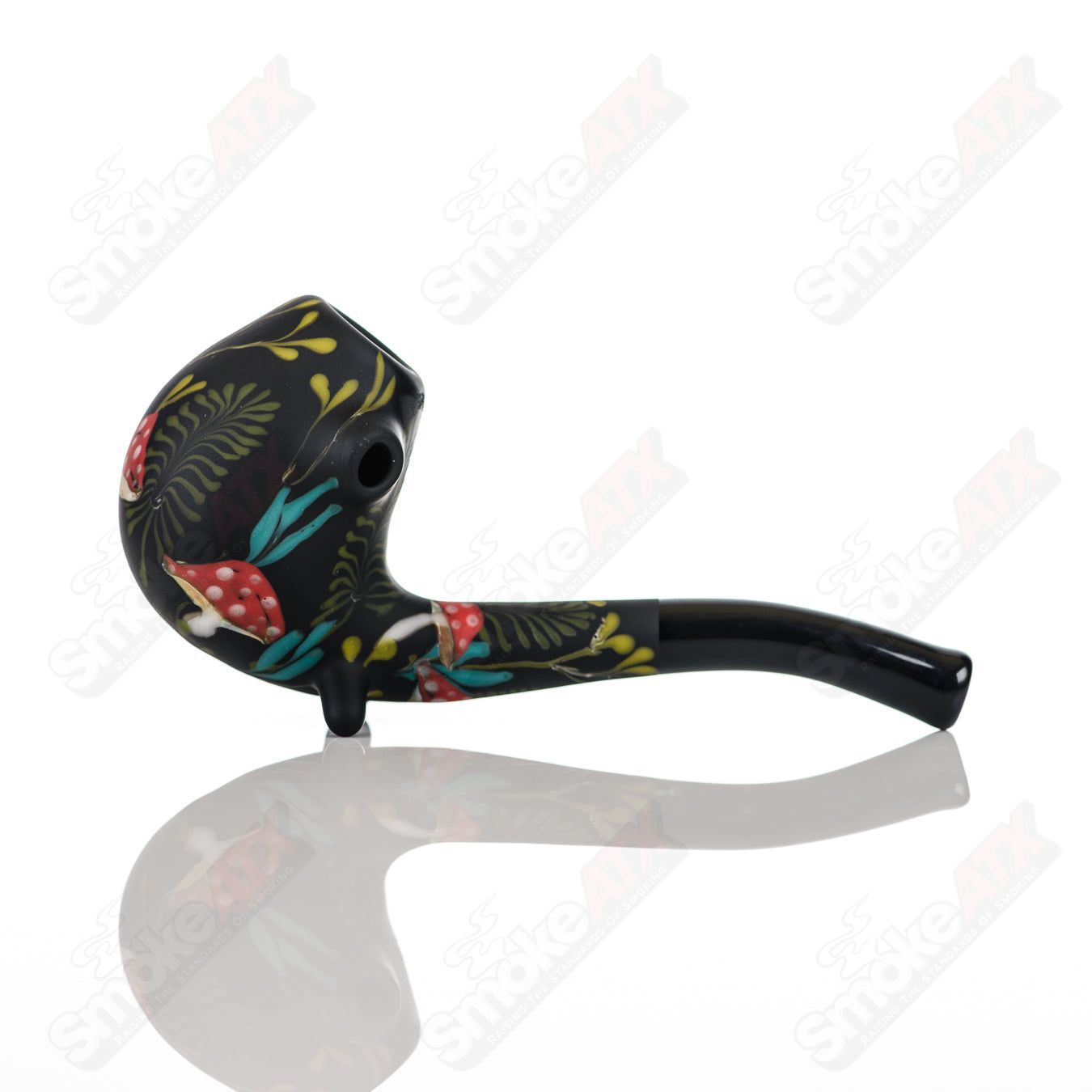 Sand - Blasted Black Sherlock W/ Mushroom Botanical Motif by Sarita Glass - Smoke ATX