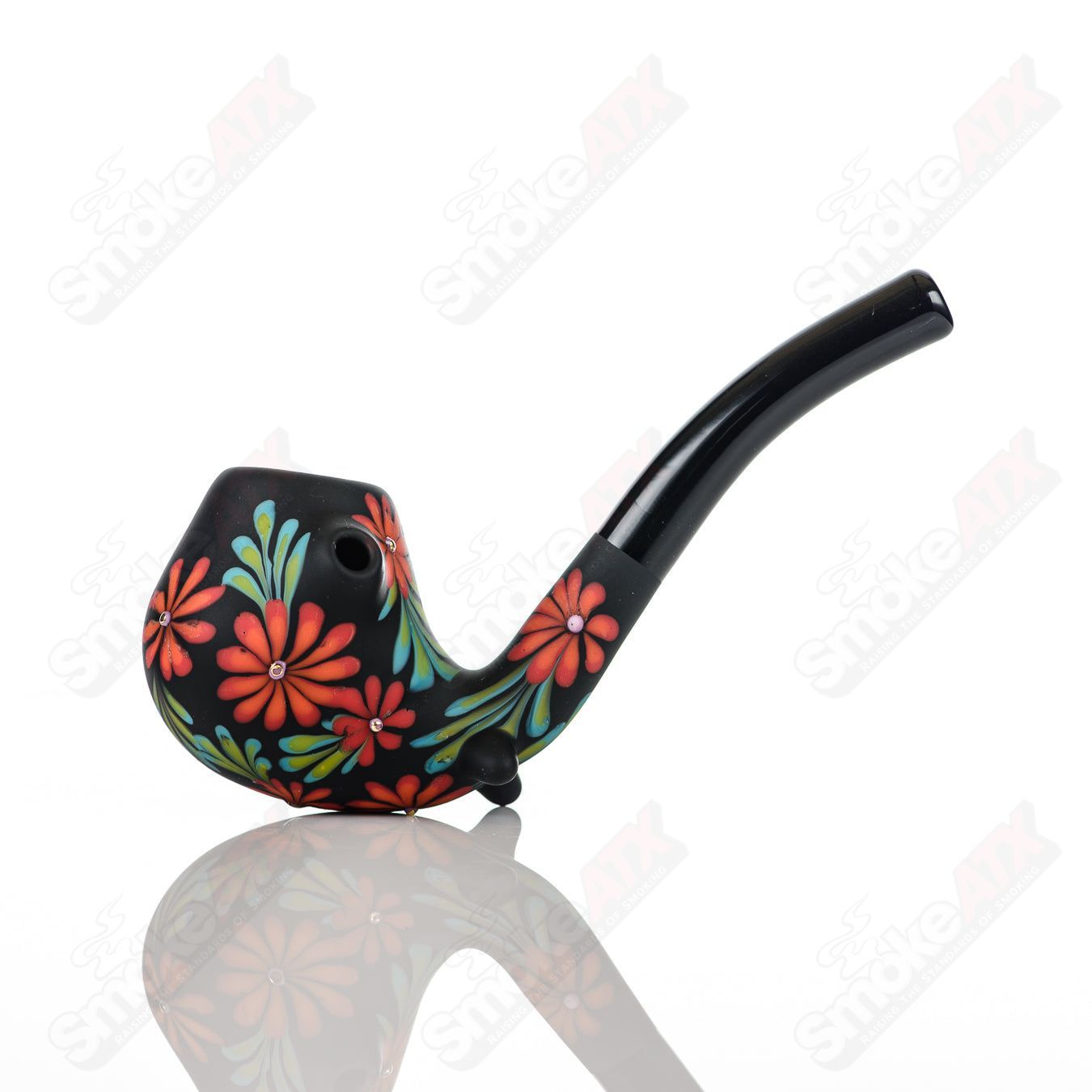 Sand - blasted Black Sherlock W/ Red Flowers by Sarita Glass - Smoke ATX