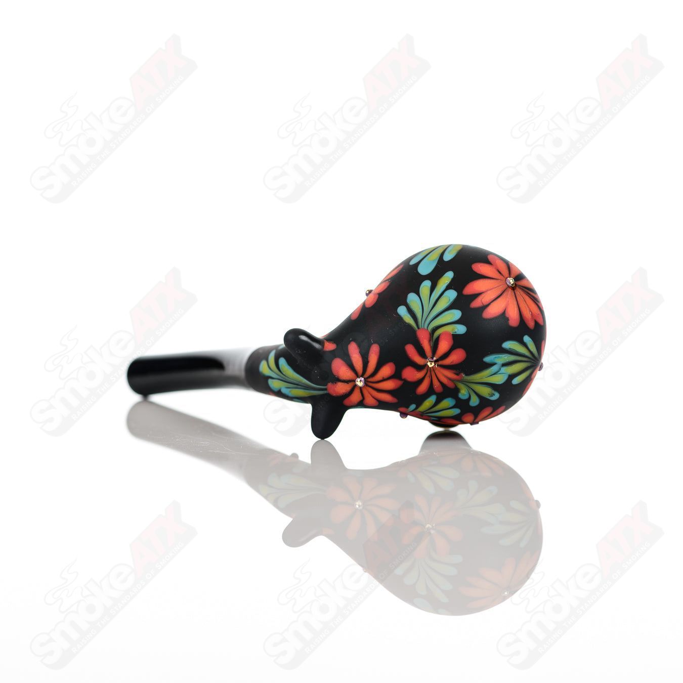 Sand - blasted Black Sherlock W/ Red Flowers by Sarita Glass - Smoke ATX