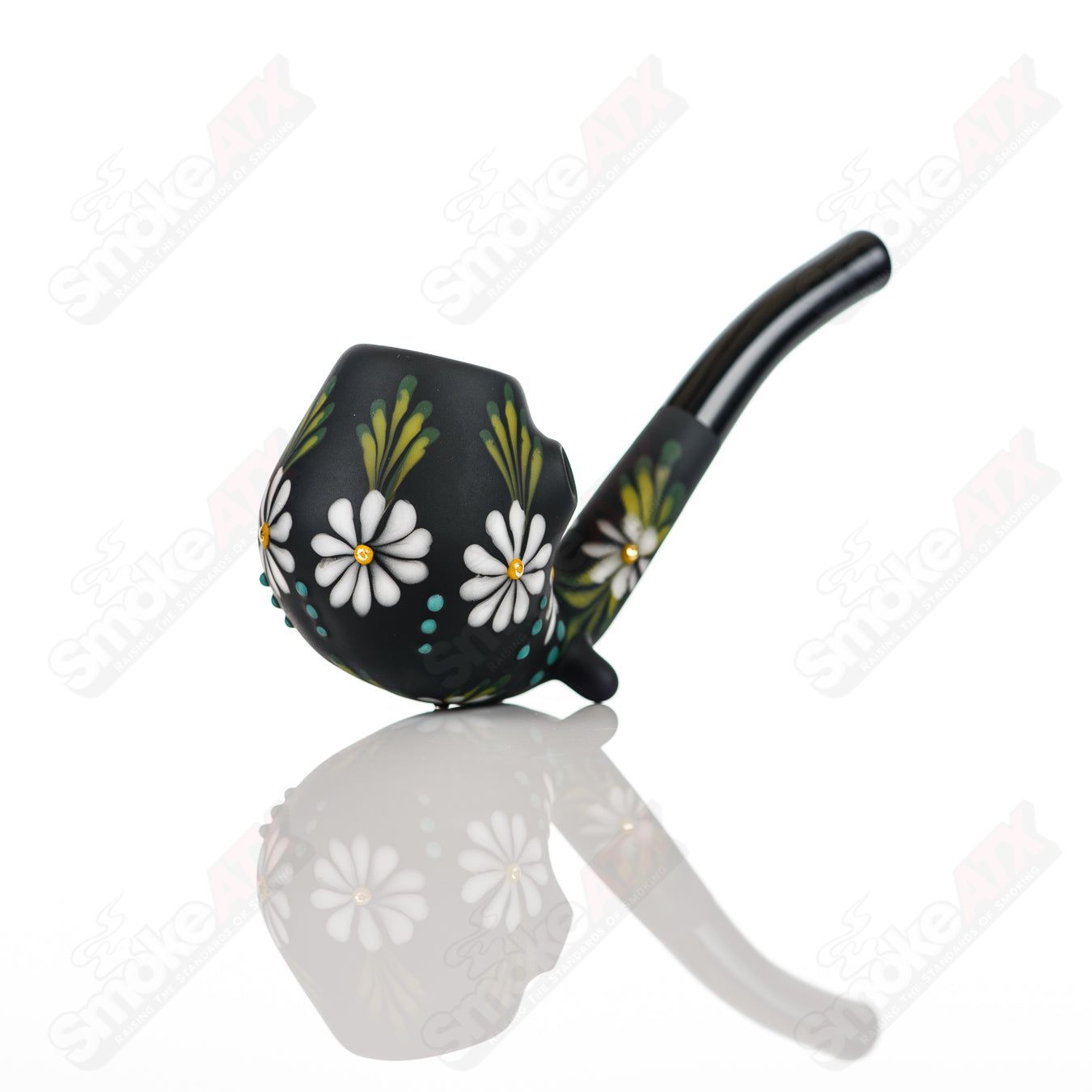 Sand - blasted Black Sherlock W/ White Flowers by Sarita Glass - Smoke ATX