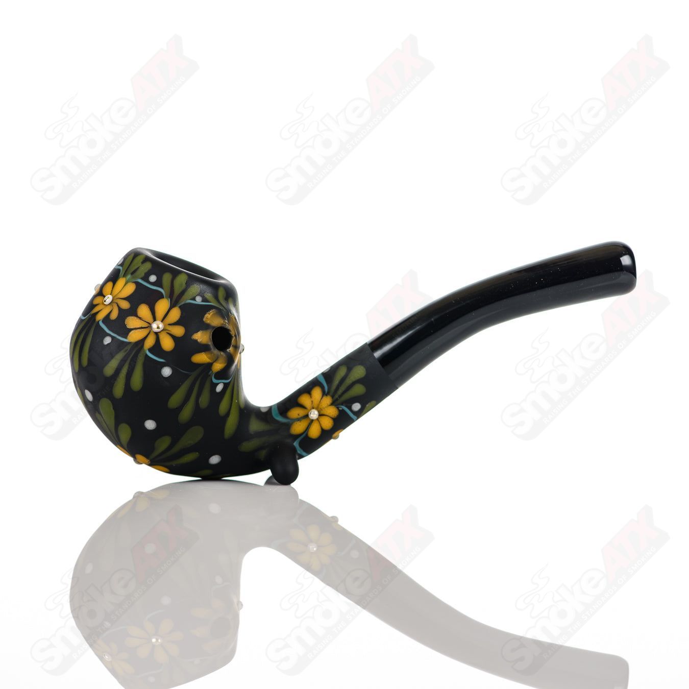 Sand - blasted Black Sherlock W/ Yellow Flowers by Sarita Glass - Smoke ATX