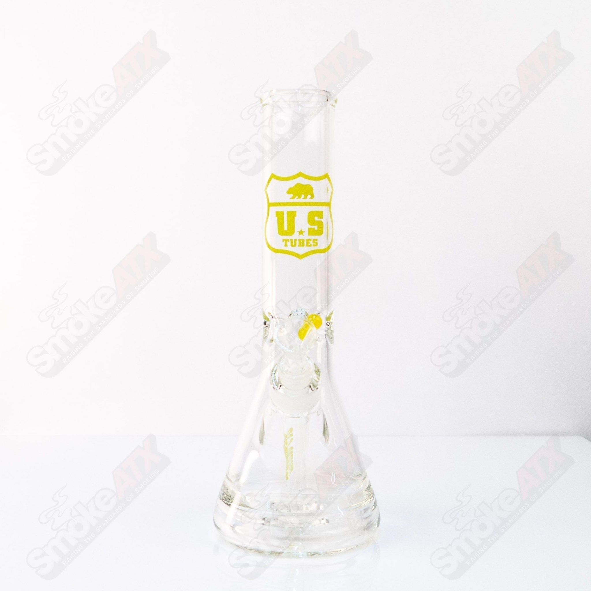 US Tubes Beaker 12" 55x5 - Constriction - Yellow Shield Decal - Smoke ATX