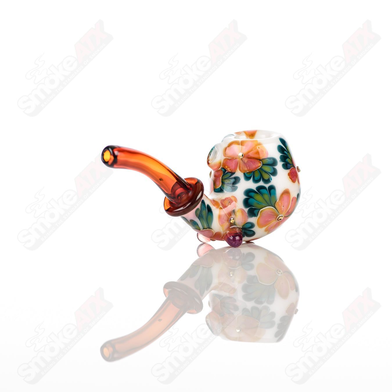 White Sherlock W/ Peach & Pink Flowers by Sarita Glass - Smoke ATX