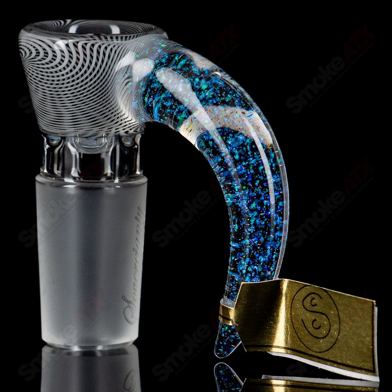 18mm Stephen C. Clear Joint Slide (Black & White Wig Wag Jail Bird) w/Crushed Opal Horn Sovereignty - Smoke ATX 