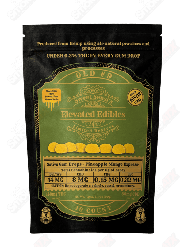 140mg 10ct D9 Sativa Gum Drops Pineapple Mango Express Old No 9 Elevated Gummies Sweet Sensi