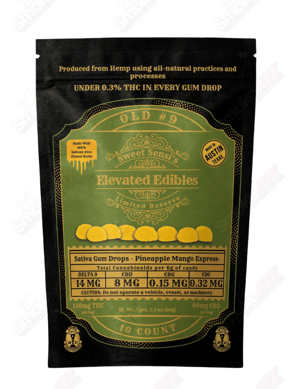 140mg 10ct D9 Sativa Gum Drops Pineapple Mango Express Old No 9 Elevated Gummies Sweet Sensi - Smoke ATX