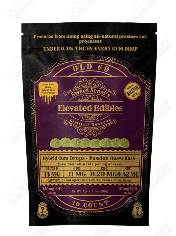 140mg 10ct D9 Hybrid Gum Drops Passion Guava Kush Old No 9 Elevated Gummies Sweet Sensi