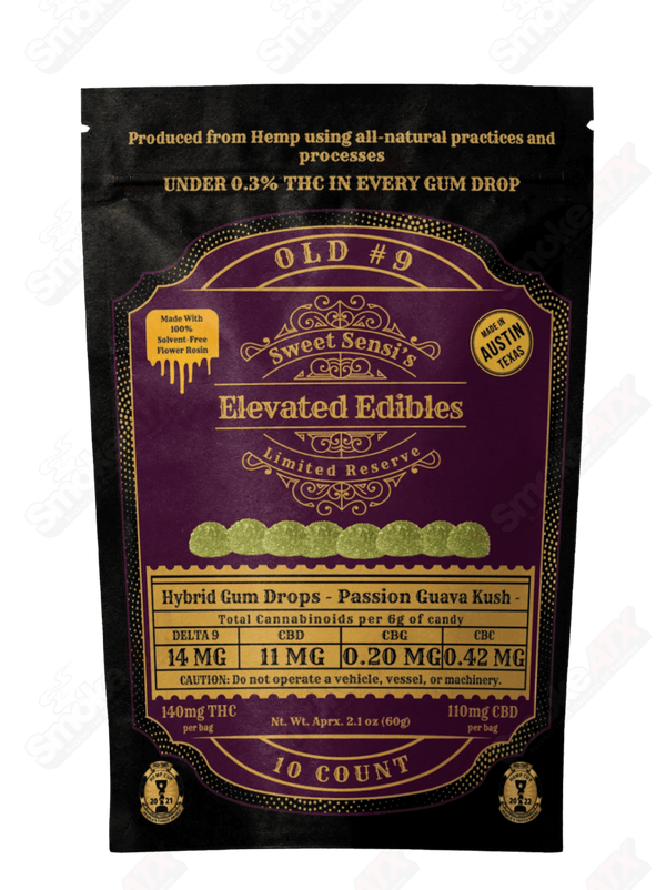 140mg 10ct D9 Hybrid Gum Drops Passion Guava Kush Old No 9 Elevated Gummies Sweet Sensi - Smoke ATX