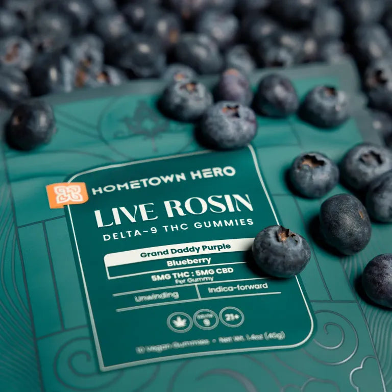 5mg Blueberry Live Rosin D9+CBD Gummies (5mg/5mg) Hometown Hero