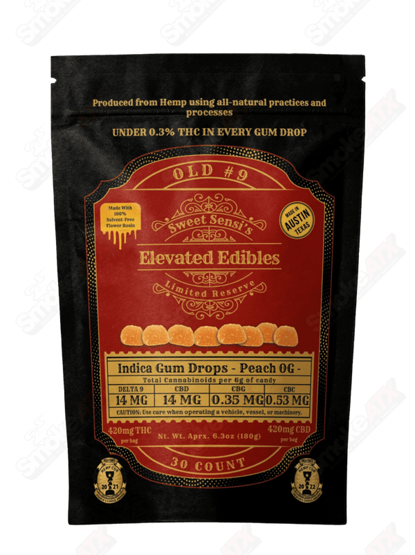 420mg D9 30ct Indica Gum Drops Peach OG Old No 9 Elevated Gummies Sweet Sensi