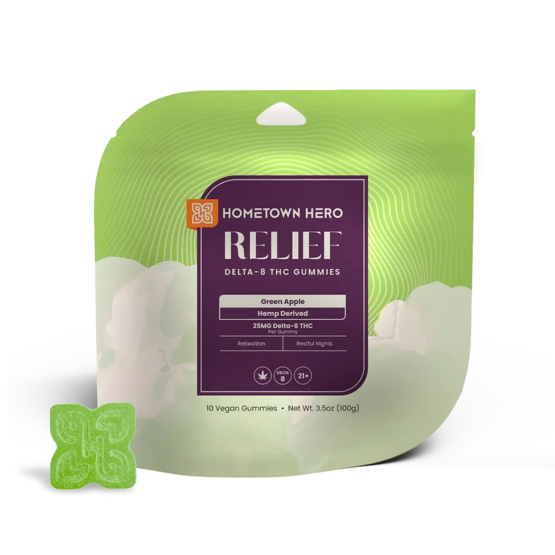 250mg Green Apple Delta 8 Relief Gummies Hometown Hero - Smoke ATX 