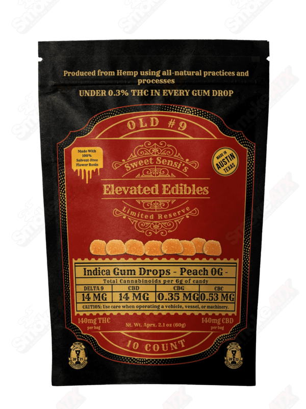 140mg 10ct D9 Indica Gum Drops Peach OG Old No 9 Elevated Gummies Sweet Sensi - Smoke ATX