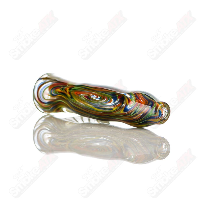 Rainbow Color Worked Chillum w/ Clear Horn Accent Signed - JMK Glass - Smoke ATX