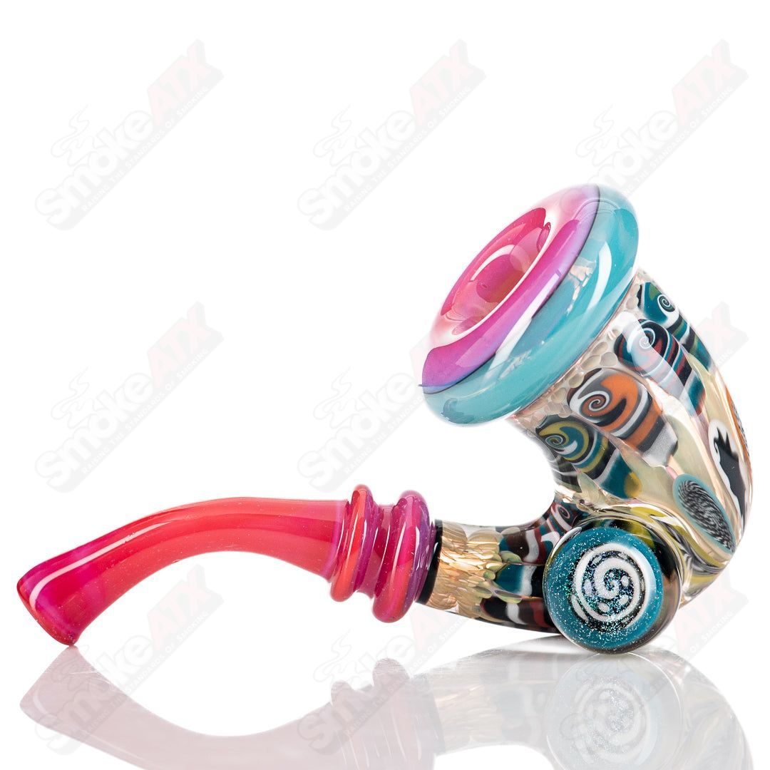 JMass NS Amora Pink Collab Sherlock glass featuring a clear glass design with pink accents and intricate Sherlock-style details.