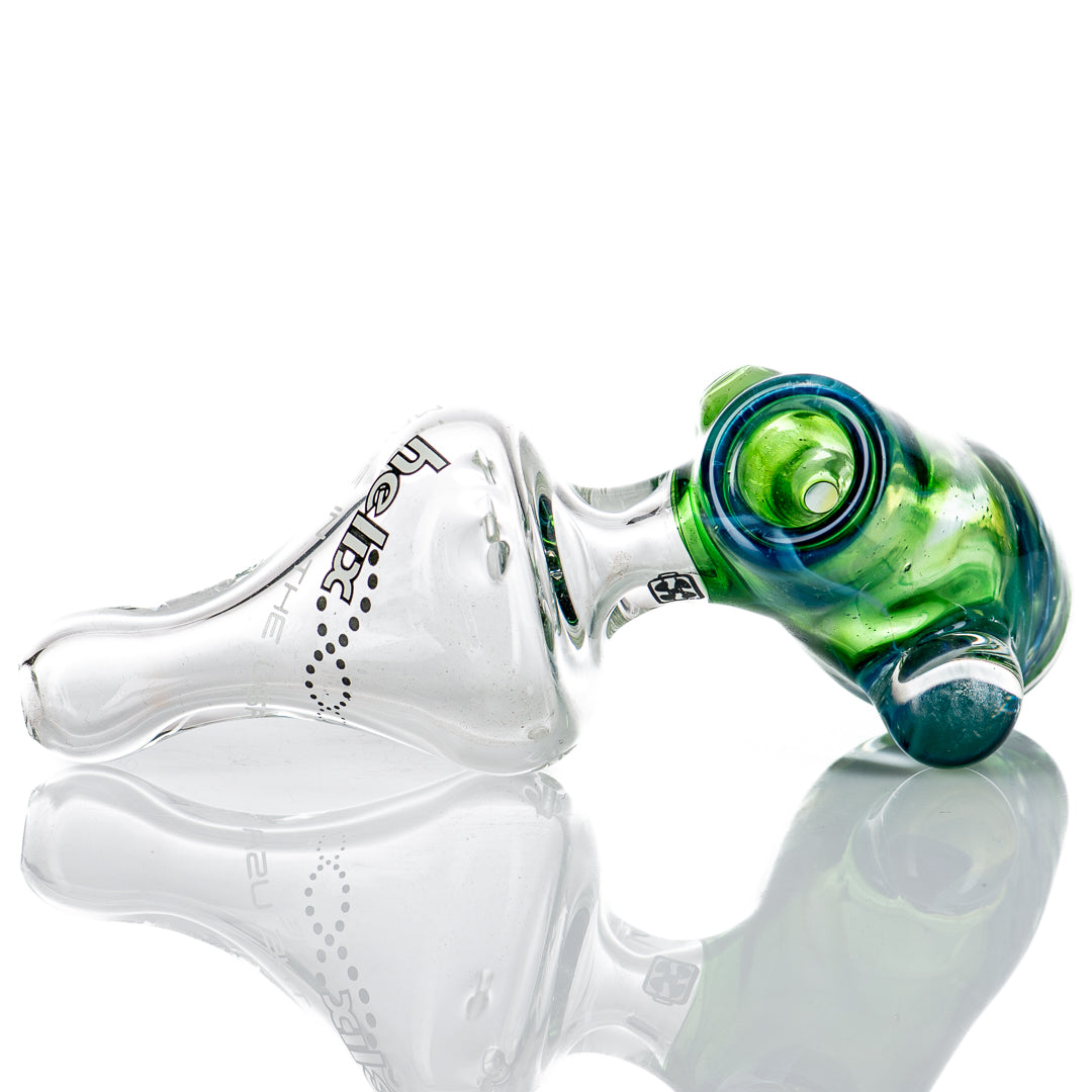 American Helix glass pipe featuring White Label Hammer design with a blue-green box fan helix pattern.