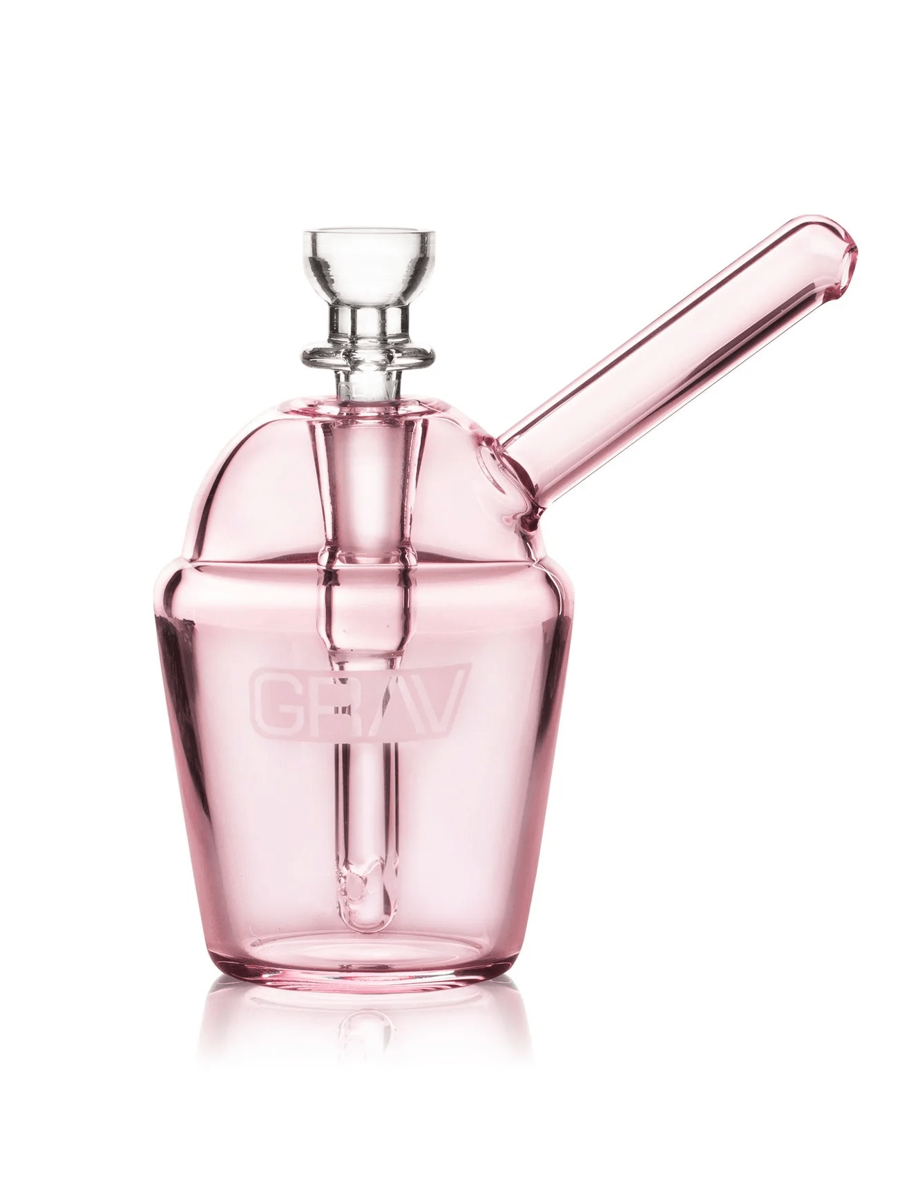 Pink Pocket Slush Cup Bubbler by Grav, a compact glass waterpipe with a slush cup design and vibrant pink color.