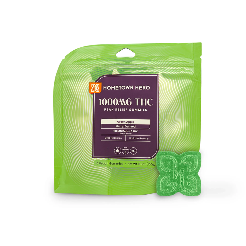 1000mg Green Apple Max Delta 8 Gummies Hometown Hero - Smoke ATX 