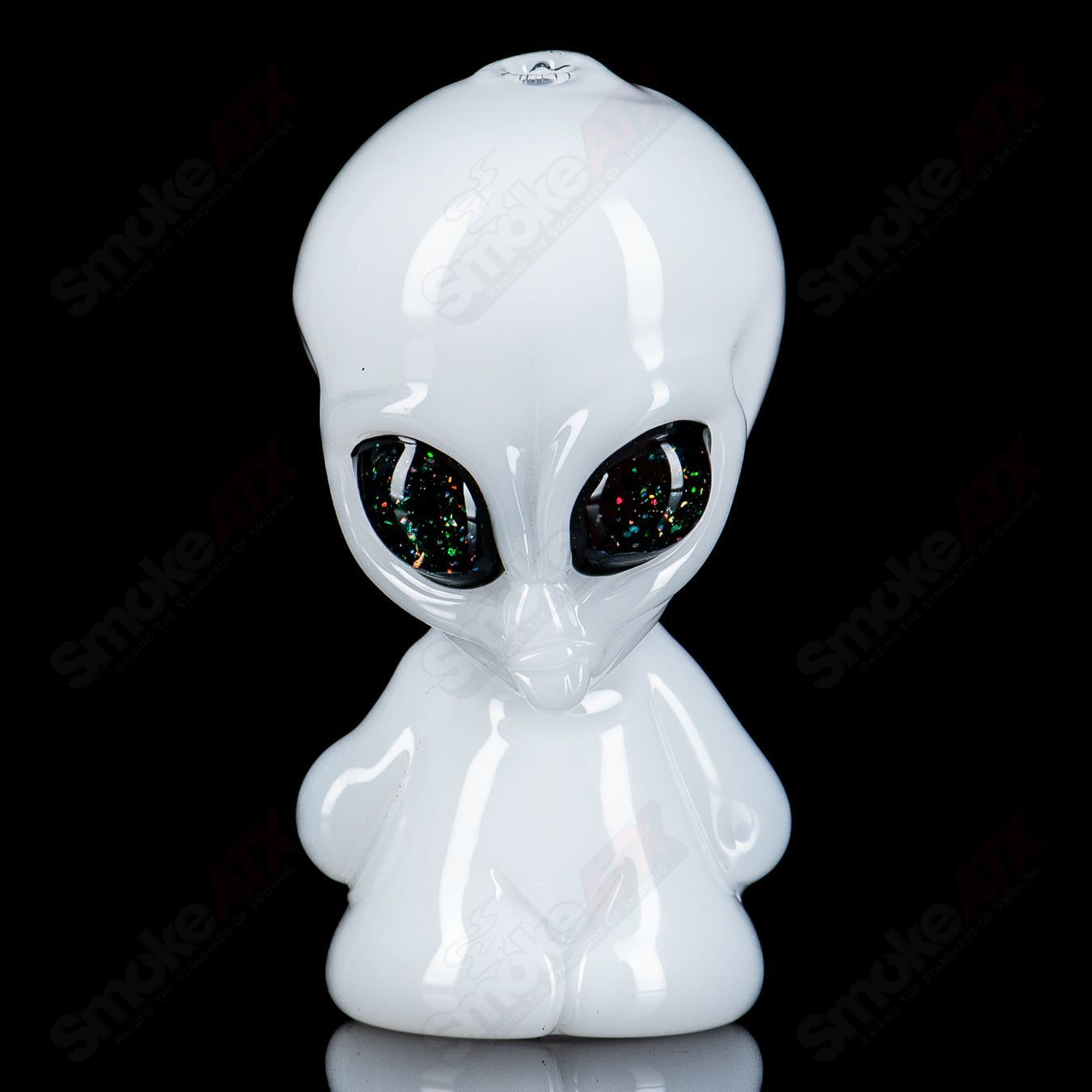 White W/ UV Crushed Opal Eyes Alien Hand Pipe by Ghost Glass - Smoke ATX