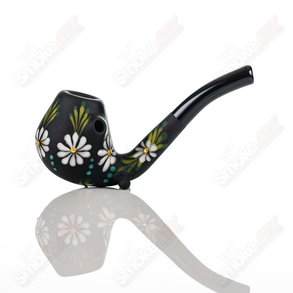 Sand-blasted Black Sherlock W/ White Flowers by Sarita Glass - Smoke ATX