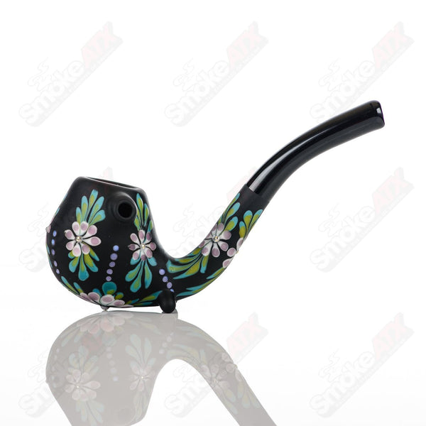 Sandb-lasted Black Sherlock W/ Purple Flowers by Sarita Glass - Smoke ATX