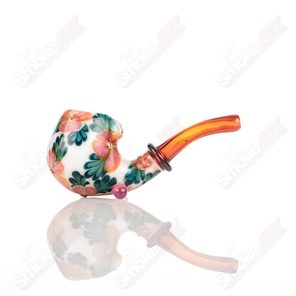 White Sherlock W/ Peach & Pink Flowers by Sarita Glass - Smoke ATX