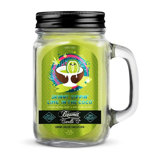 BEAMER CANDLE CO. - CANDLE - SMOKE KILLER COLLECTION - 12OZ GLASS MASON JAR - W/ HANDLE & METAL LID - SKINNY DIPPIN' LIME IN THE COCO - Smoke ATX